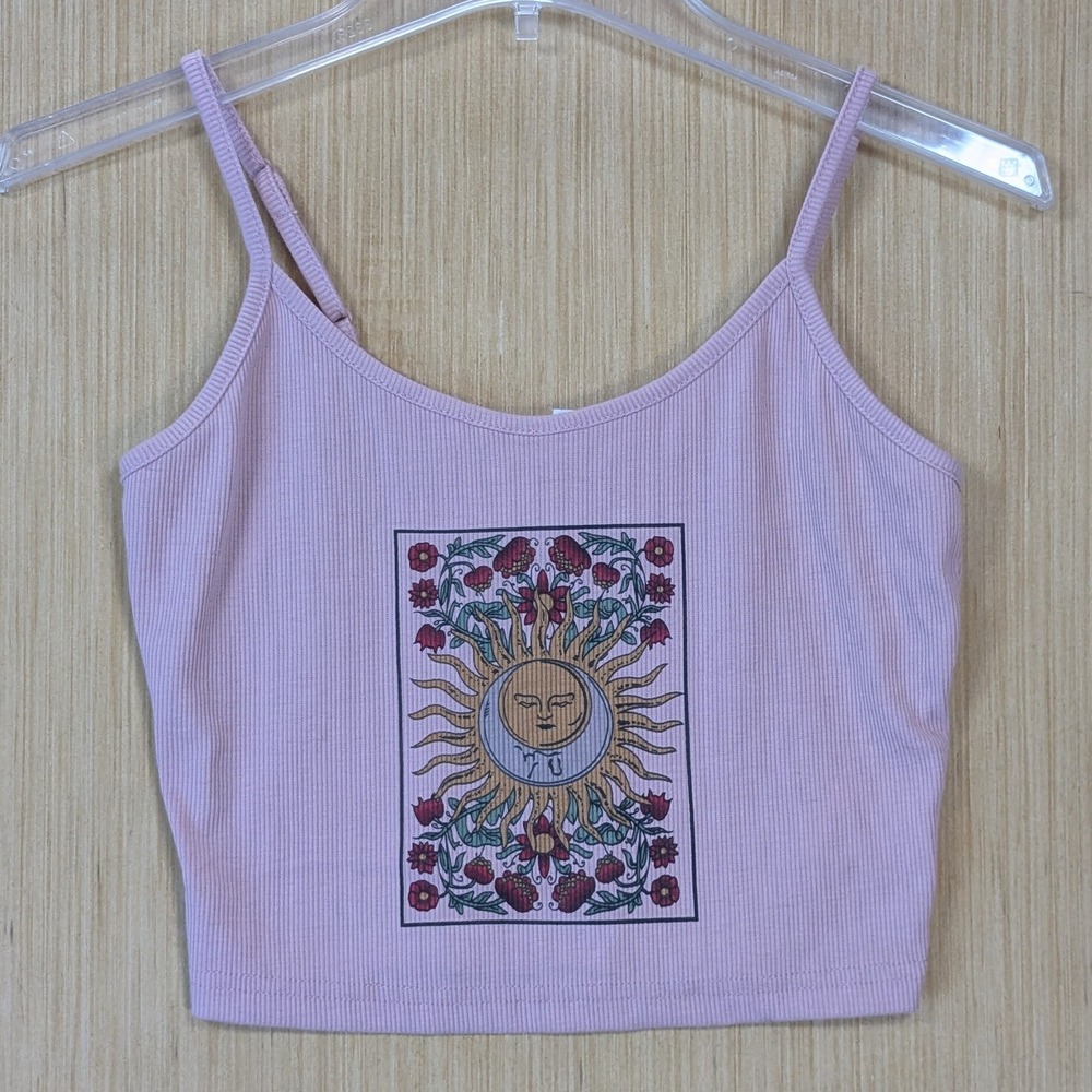 Womens Pink Ribbed Celestial Sun Moon Crop Cami Tank Top Medium Whimsygoth